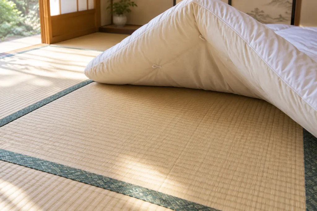 A Japanese shikibuton lifted from tatami in the morning, showing the floor area underneath.