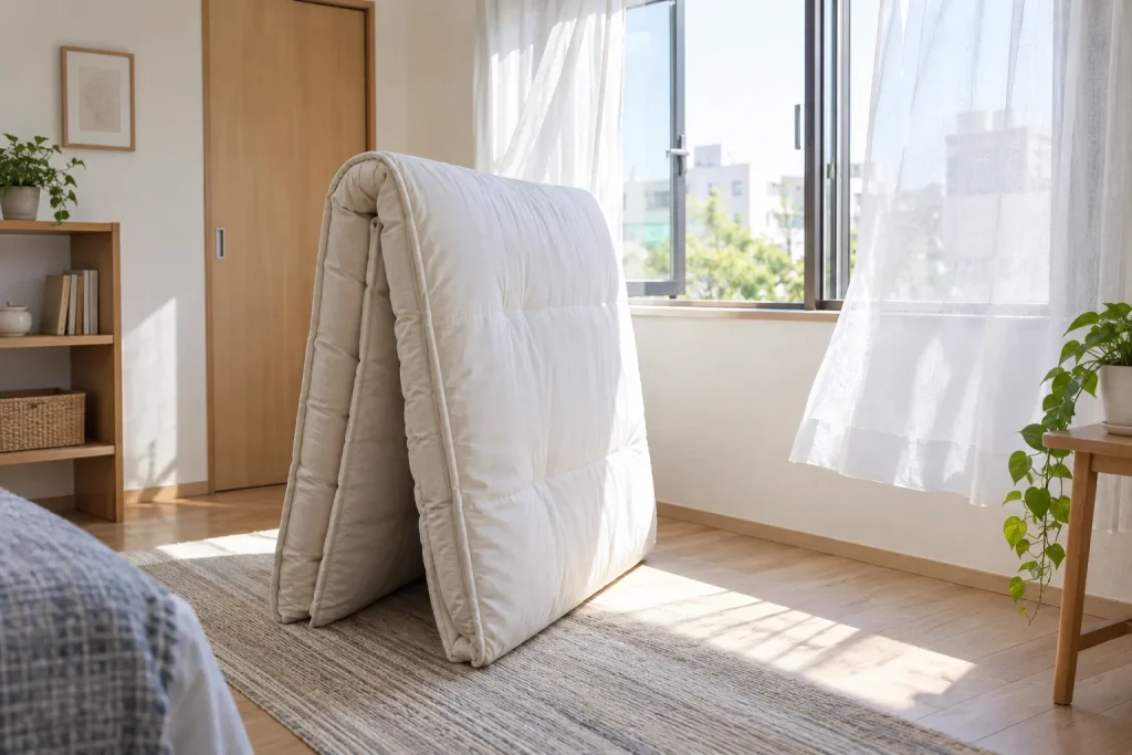 A folded shikibuton resting upright indoors with air reaching both sides.