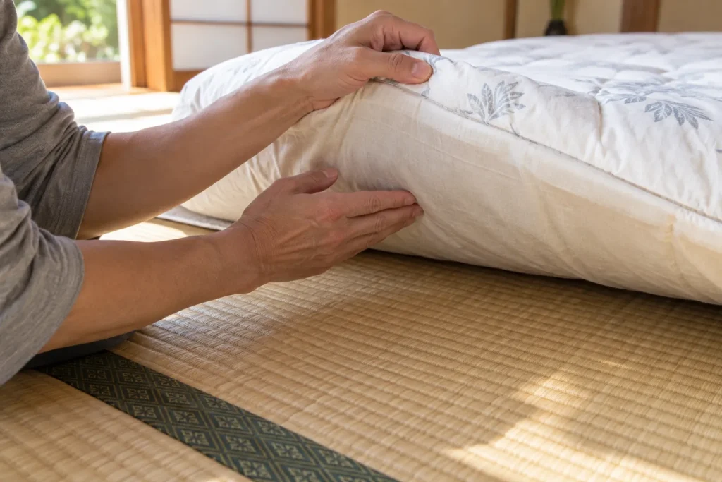 The underside of a shikibuton being checked beside an uncovered tatami floor.