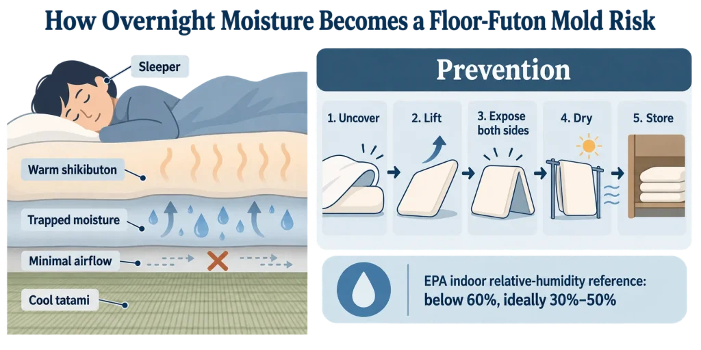 How overnight moisture becomes a floor-futon mold risk.
