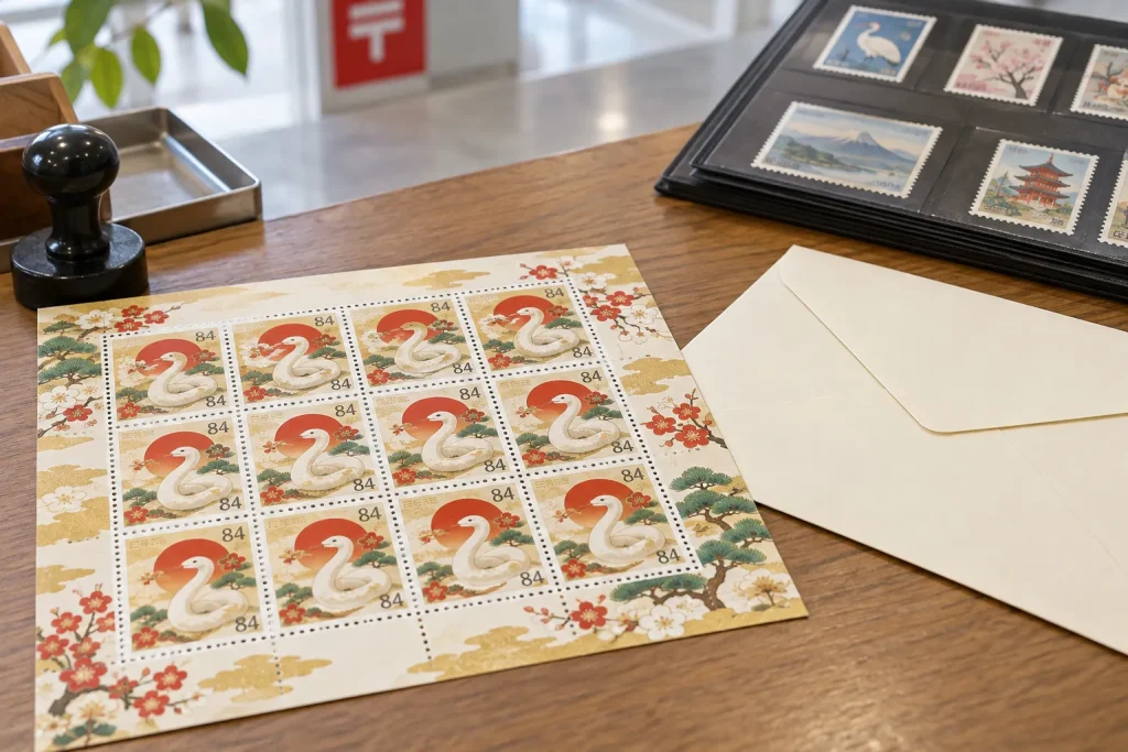  Japan Post’s current New Year animal stamps displayed in complete sheets beside a plain postal envelope and a stamp album.