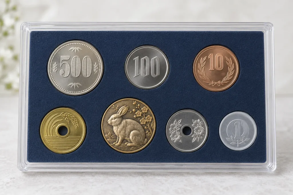An unopened annual Japan Mint set with visible circulation coins, its animal-year medal, and the official presentation case.