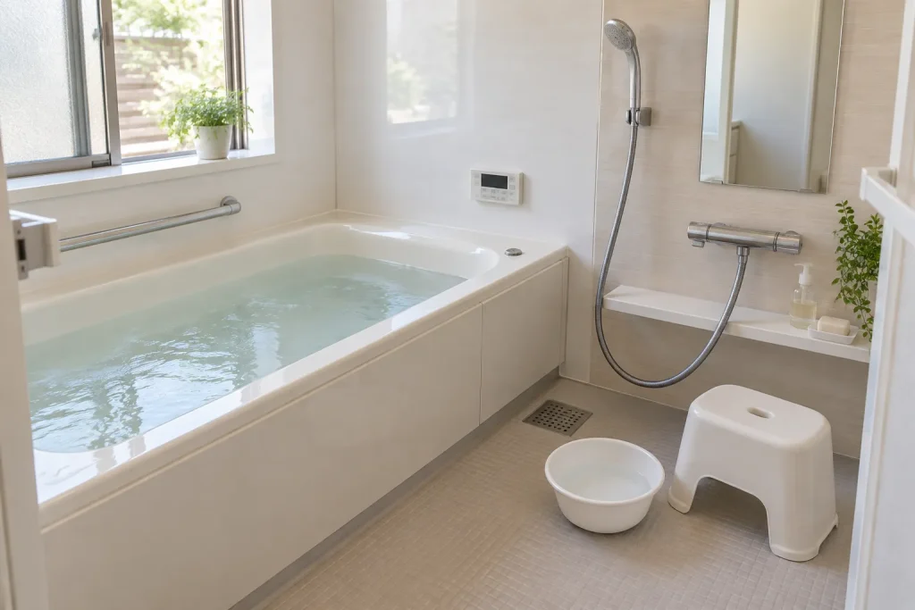 A Japanese home bathroom showing the deep tub, separate washing floor, wall-mounted shower, bath stool, washbowl, control panel, and fitted lid.