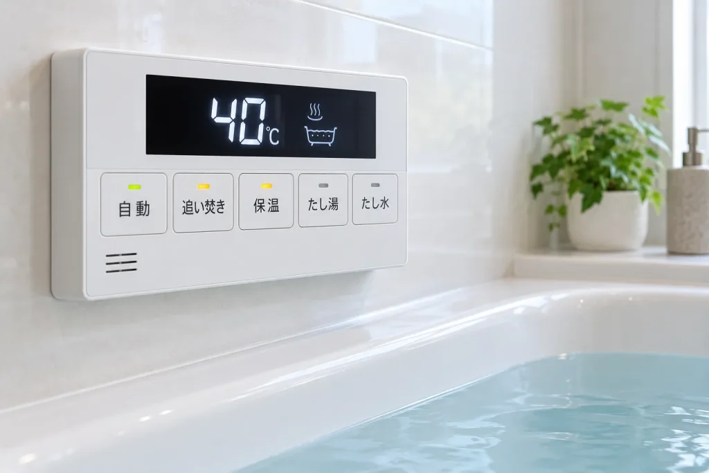 Close view of a Japanese bath control panel with the buttons 自動, 追い焚き, 保温, たし湯, and たし水 clearly visible.