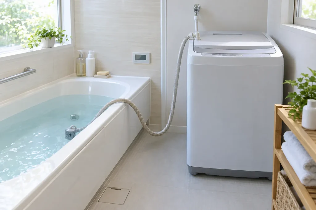 A Japanese washing machine beside a bathtub, connected by a filtered bath-water hose, with the remaining water prepared for a wash cycle.
