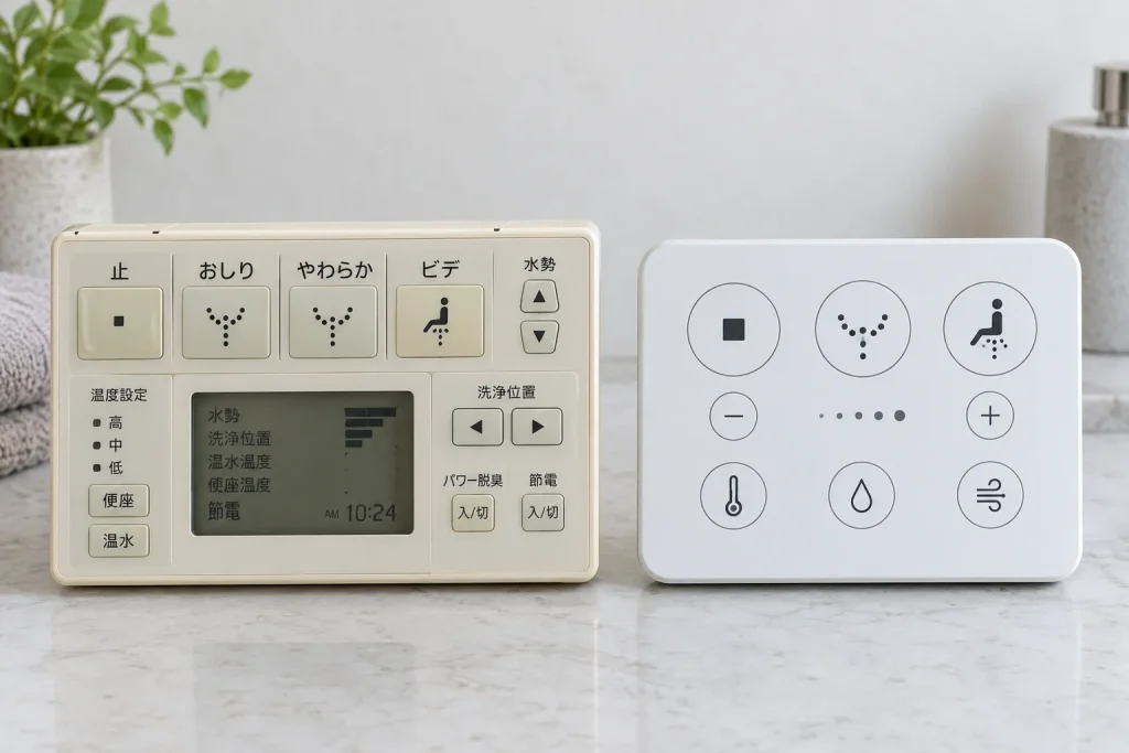  An older Japanese electronic toilet control and a modern standardized panel shown as two separate devices on one light display surface.