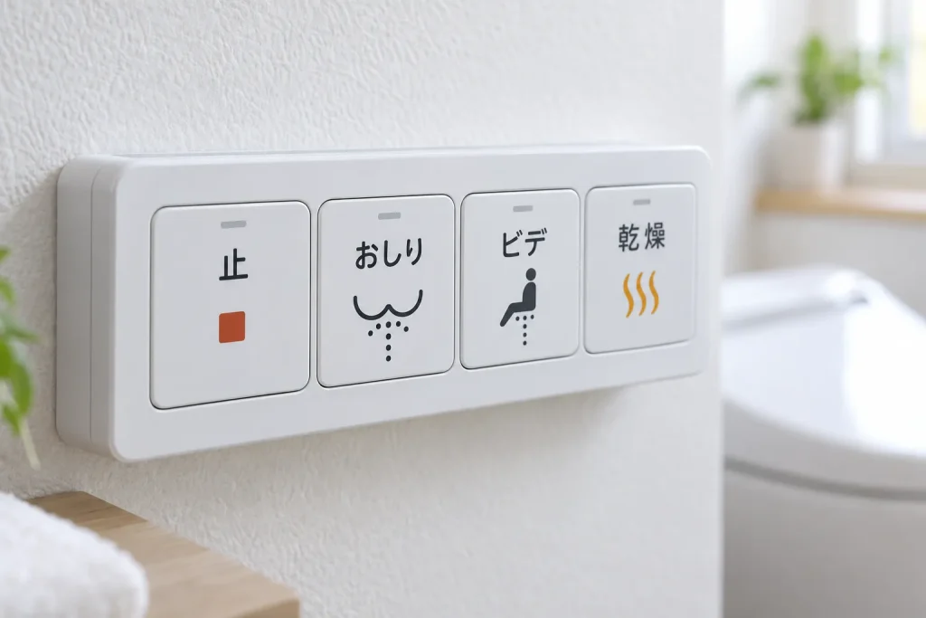 A modern toilet remote with the 止, おしり, ビデ, and 乾燥 controls clearly identified.