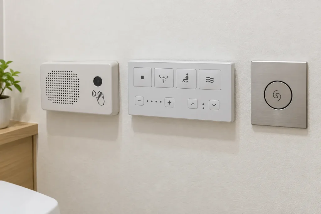  A separate wall-mounted Otohime sound device beside a toilet control panel, with the speaker and sensor area visible.