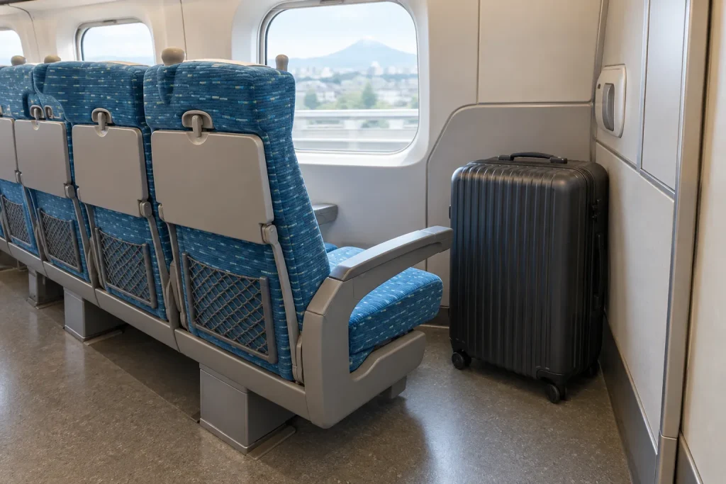 A suitcase placed behind the final row of Shinkansen seats before the introduction of designated oversized-baggage reservations.