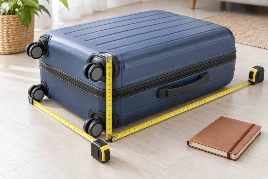 A packed suitcase being measured across its external length, width, and height, including wheels and handles.