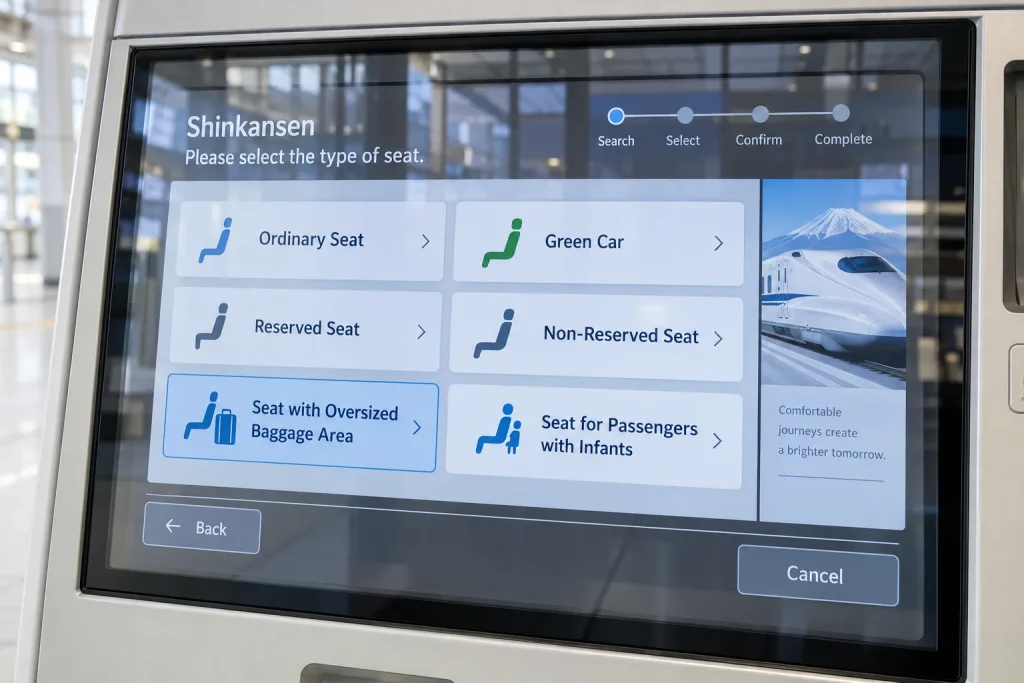 A Shinkansen reservation screen displaying the “Seat with Oversized Baggage Area” option beside available reserved seats.