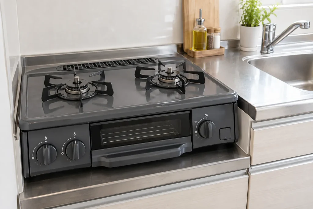 Compact rental cooktop with two burners, the controls, and the preparation space beside the sink.