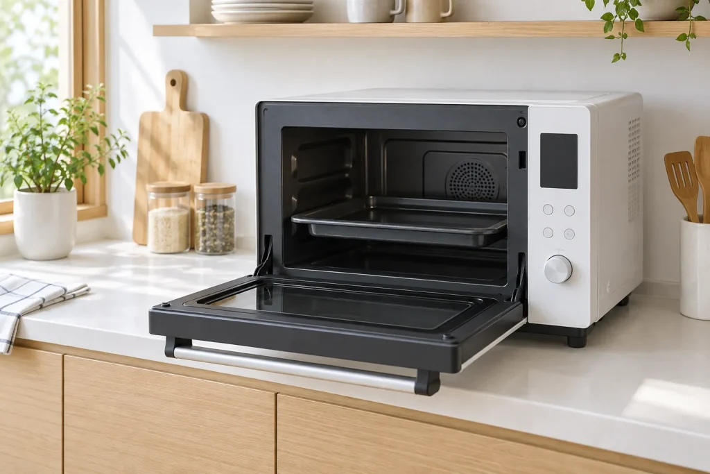 Countertop oven-microwave with its door open, removable tray visible, and clear counter around the appliance.