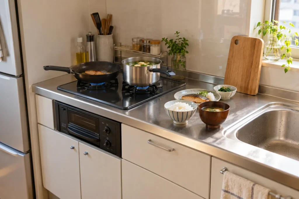 One-pan dinner beside a pot of soup on a compact two-burner cooktop.