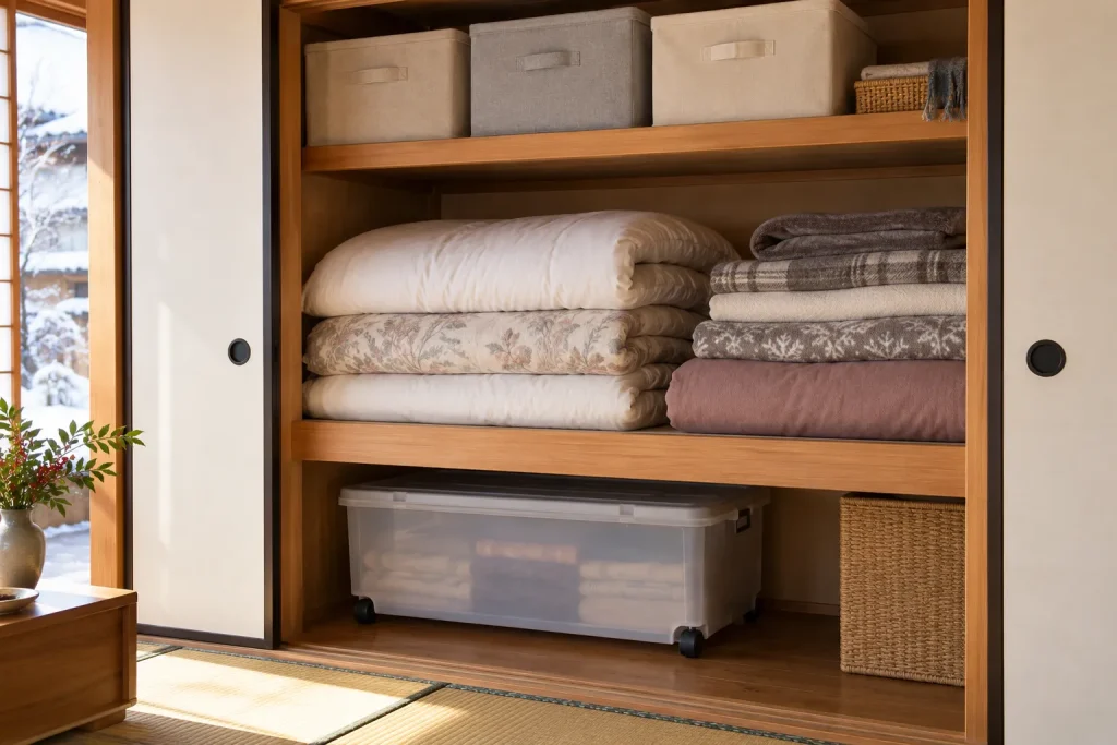 A deep oshiire with folded winter bedding on the middle shelf and labeled storage boxes above.