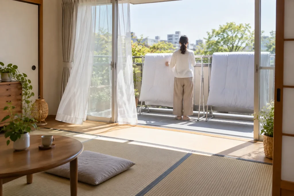 A family airing folded futons beside an open balcony door before the humid season.