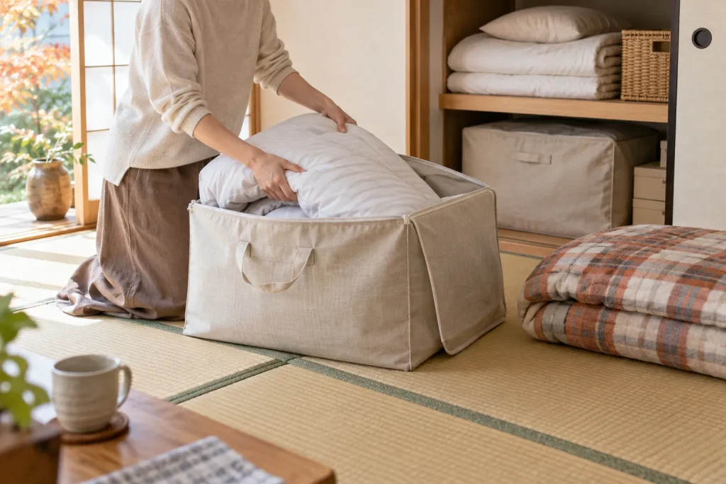 An autumn changeover with summer textiles being boxed while warmer bedding is returned to the main shelf.