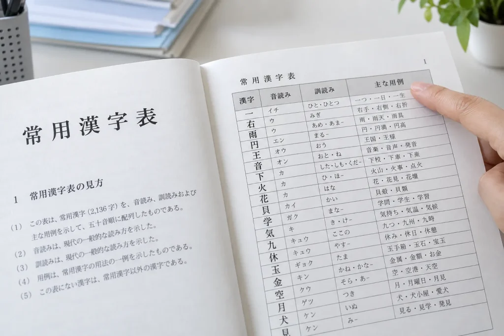 The opening pages and column structure of the official Common-Use Kanji Table.