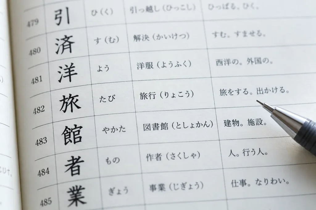 A close view of one table entry with the character, approved reading, example word, and notes aligned across the row.