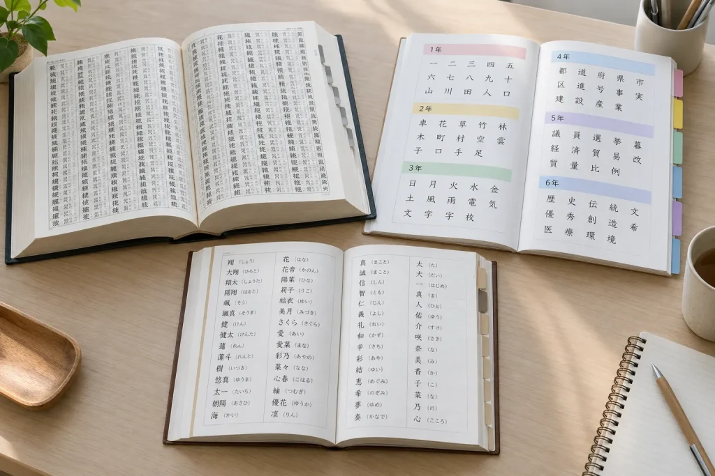 Three official reference sheets placed separately and labeled by purpose: general writing, elementary education, and registered personal names.