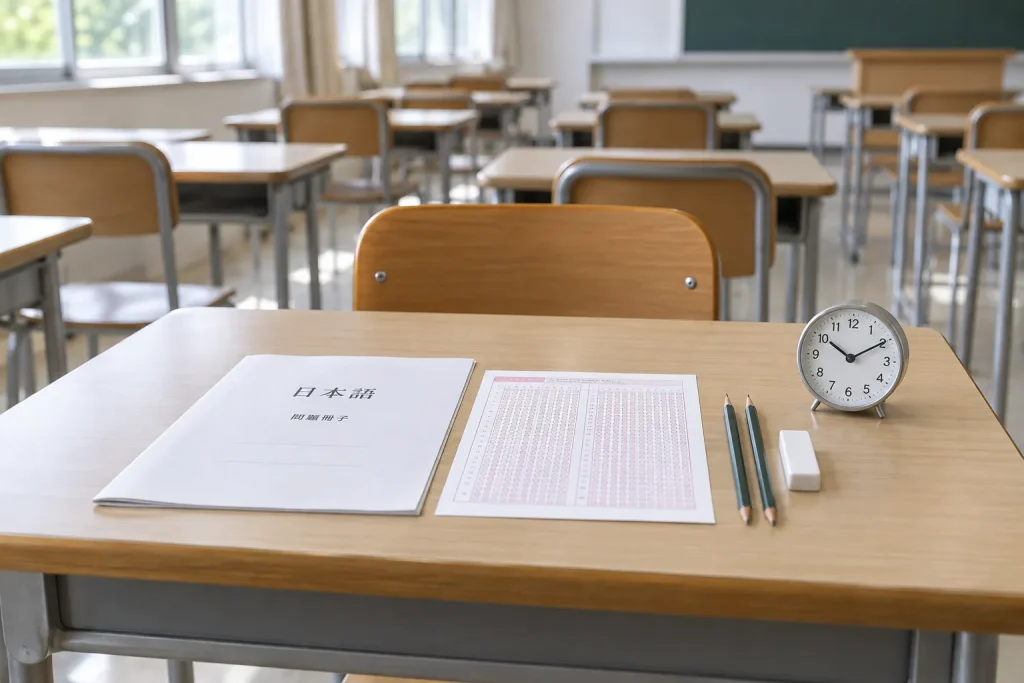 A JLPT test booklet, answer sheet, pencils, eraser, and test voucher arranged on a desk.