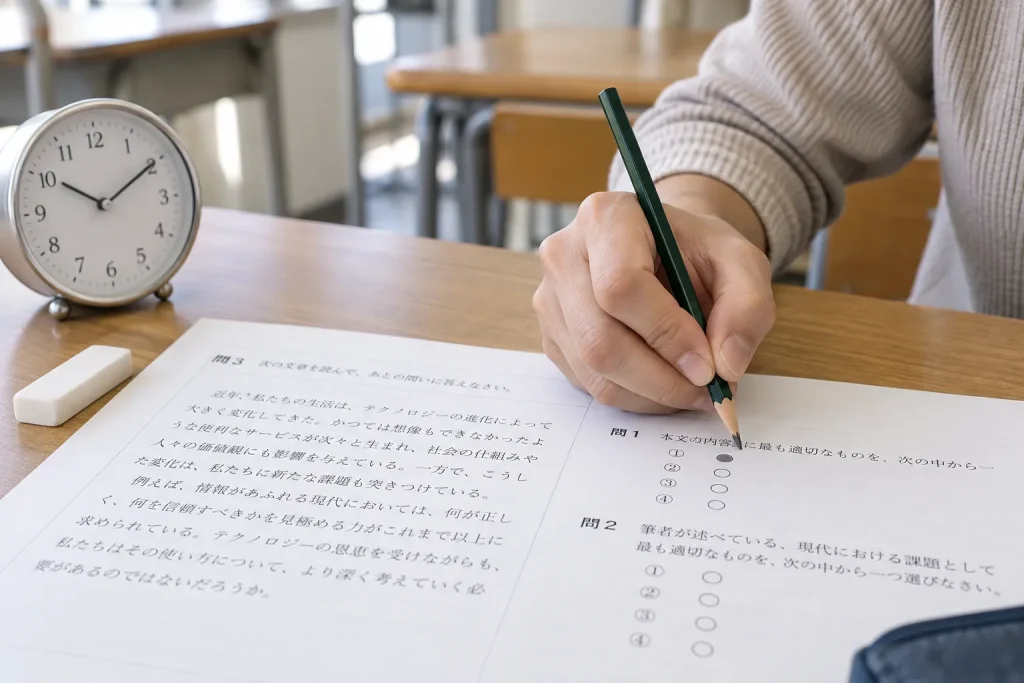 A test taker’s hand working through a Japanese reading-comprehension page beside an analog clock.