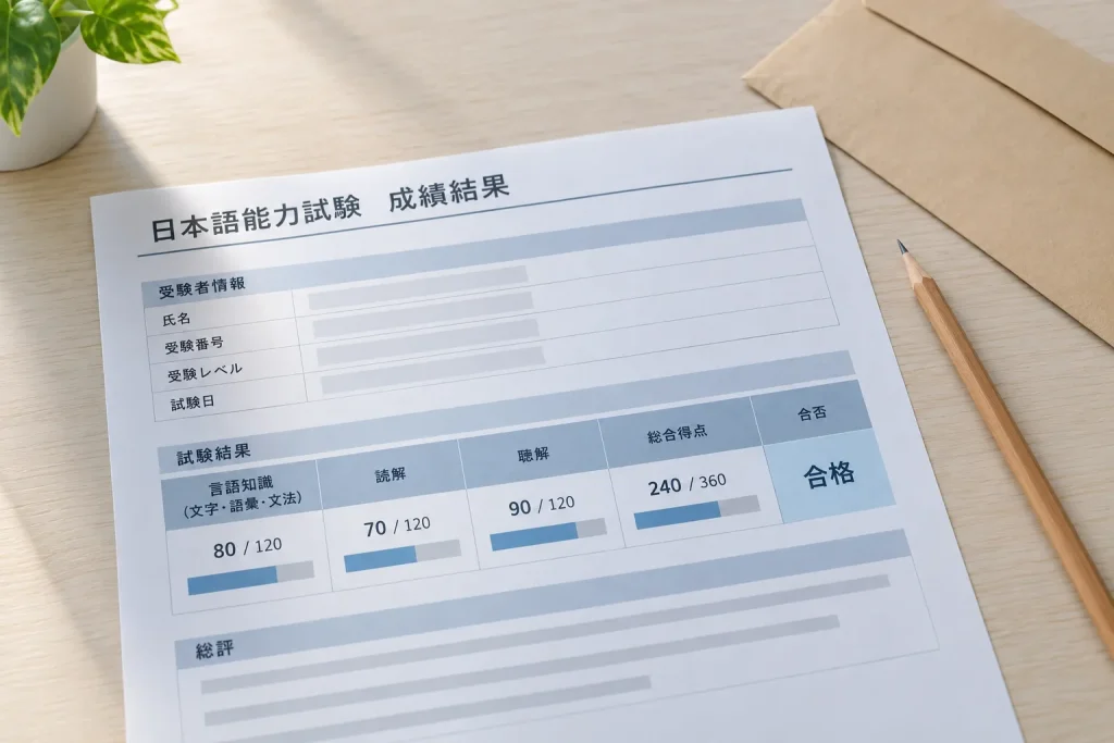 A sample score report with the three scoring areas, overall result, and sectional thresholds indicated.