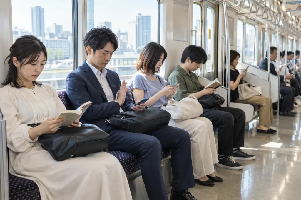 Passengers sitting quietly inside a Japanese commuter train while one traveler notices an incoming phone call.