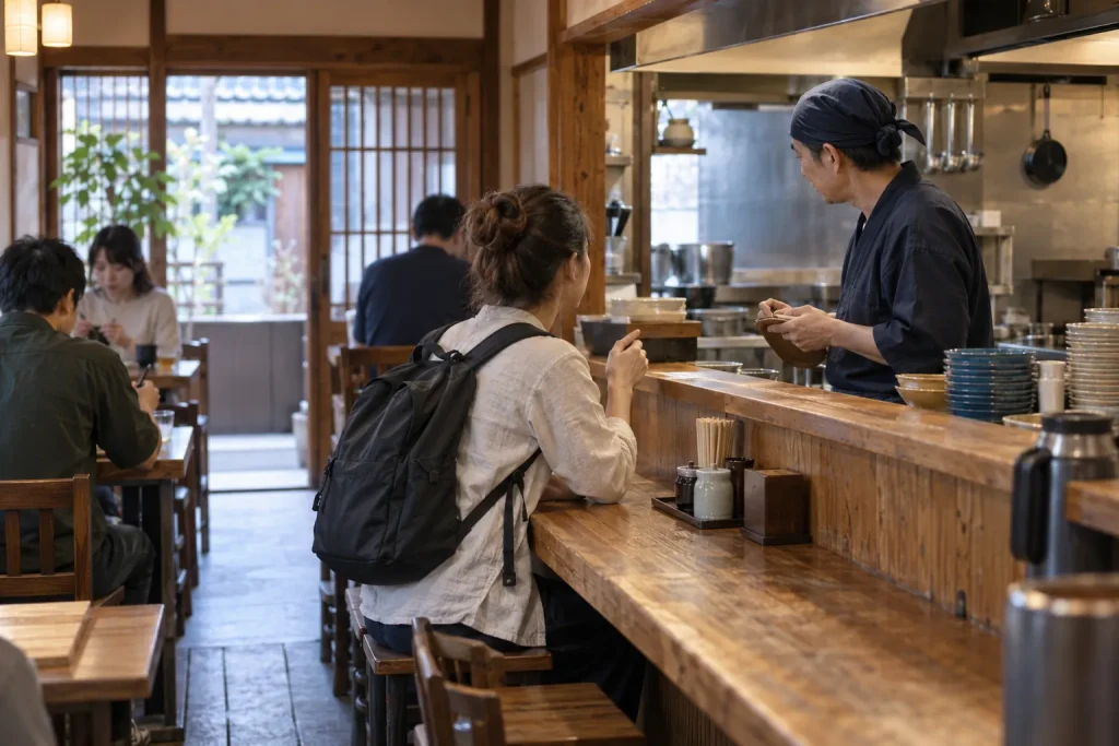 A traveler ordering quietly from a staff member inside a compact Japanese restaurant.