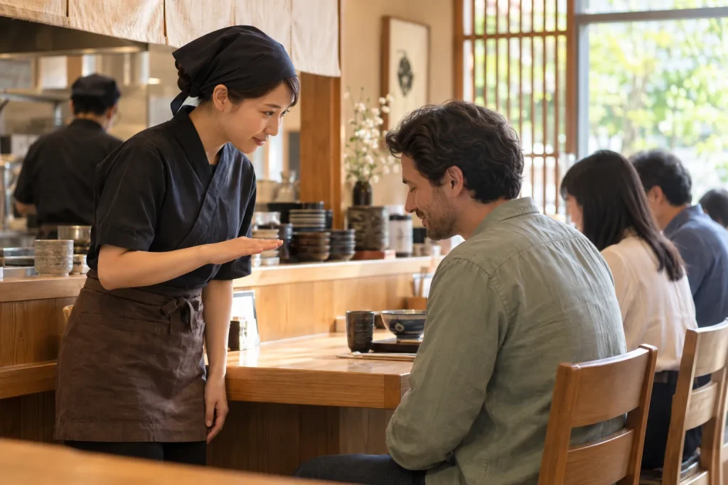 A quiet correction between a restaurant employee and a traveler, followed by a brief apologetic nod.